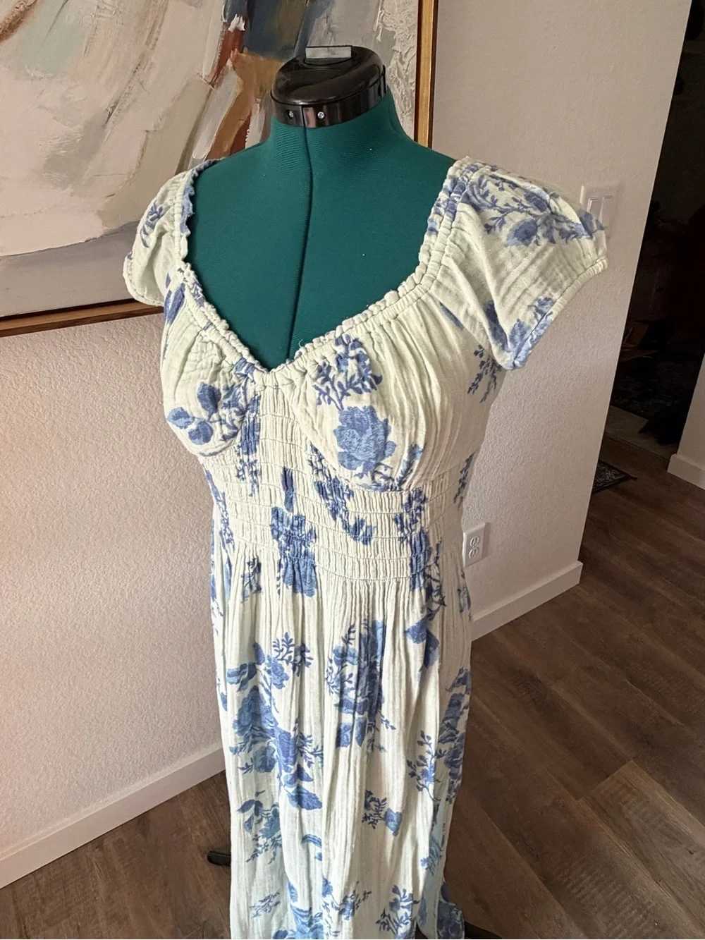 Blue Floral Midi Dress with Smocked Bodice
